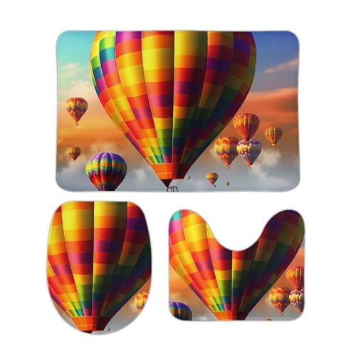 DDTKLSNV 3-teiliges Badteppich-Set, rutschfest, saugfähig, Badematte, Konturmatte mit WC-Deckelbezug, Heißluftballons, weiche Bodenmatten für Badezimmer, Küche, Tür, Heimdekoration von DDTKLSNV