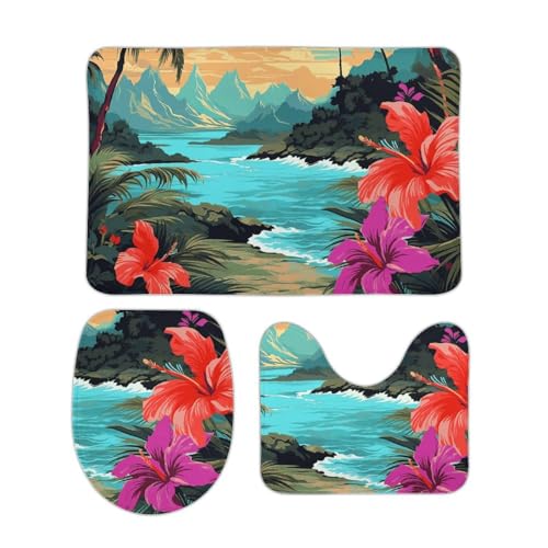 DDTKLSNV 3-teiliges Badteppich-Set, rutschfest, saugfähig, Badematte, Konturmatte mit WC-Deckelbezug, Hello Hawaii, weiche Fußmatten für Badezimmer, Küche, Tür, Heimdekoration von DDTKLSNV