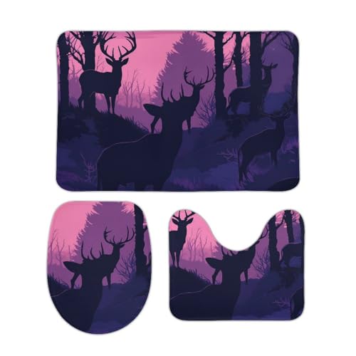 DDTKLSNV 3-teiliges Badteppich-Set, rutschfest, saugfähig, Badematte, Konturmatte mit WC-Deckelbezug, Hirsch-Silhouette, weiche Fußmatten für Badezimmer, Küche, Tür, Heimdekoration von DDTKLSNV