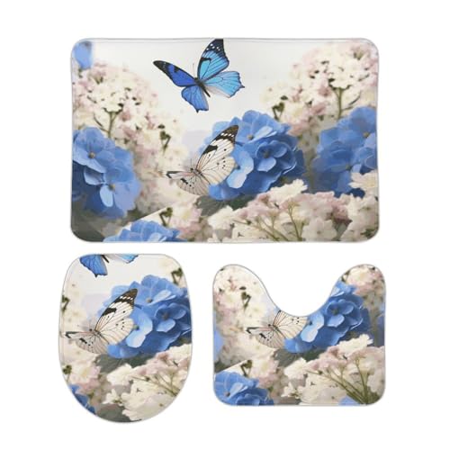 DDTKLSNV 3-teiliges Badteppich-Set, rutschfest, saugfähig, Badematte, Konturmatte mit WC-Deckelbezug, Hortensien, Gänseblümchen, Schmetterlinge, weiche Bodenmatten für Badezimmer, Küche, Tür von DDTKLSNV