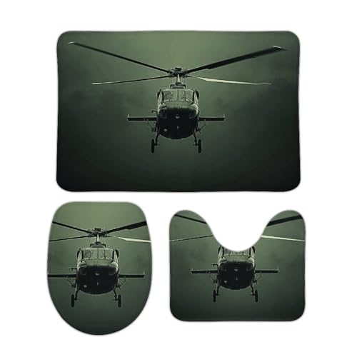DDTKLSNV 3-teiliges Badteppich-Set, rutschfest, saugfähig, Badematte, Konturmatte mit WC-Deckelbezug, Hubschrauber, weiche Bodenmatten für Badezimmer, Küche, Tür, Heimdekoration von DDTKLSNV