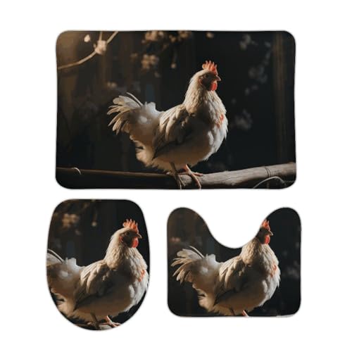 DDTKLSNV 3-teiliges Badteppich-Set, rutschfest, saugfähig, Badematte, Konturmatte mit WC-Deckelbezug, Huhn auf einem Ast, weiche Bodenmatten für Badezimmer, Küche, Tür, Heimdekoration von DDTKLSNV