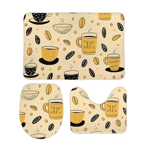 DDTKLSNV 3-teiliges Badteppich-Set, rutschfest, saugfähig, Badematte, Konturmatte mit WC-Deckelbezug, Kaffee-Muster, weiche Fußmatten für Badezimmer, Küche, Tür, Heimdekoration von DDTKLSNV