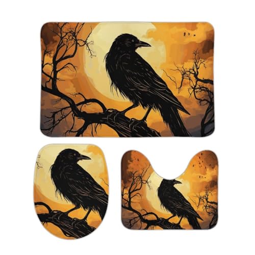DDTKLSNV 3-teiliges Badteppich-Set, rutschfest, saugfähig, Badematte, Konturmatte mit WC-Deckelbezug, Krähe, weiche Bodenmatten für Badezimmer, Küche, Tür, Heimdekoration von DDTKLSNV