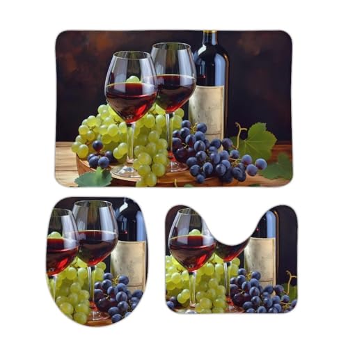 DDTKLSNV 3-teiliges Badteppich-Set, rutschfest, saugfähig, Badematte, Konturmatte mit WC-Deckelbezug, Kunst, Rotwein-Galssen und Trauben, weiche Bodenmatten für Badezimmer, Küche, Tür, Heimdekoration von DDTKLSNV