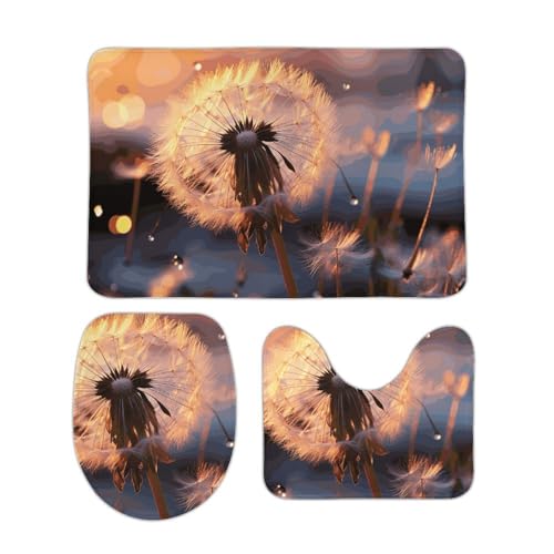 DDTKLSNV 3-teiliges Badteppich-Set, rutschfest, saugfähig, Badematte, Konturmatte mit WC-Deckelbezug, Löwenzahn-Blume, weiche Bodenmatten für Badezimmer, Küche, Tür, Heimdekoration von DDTKLSNV