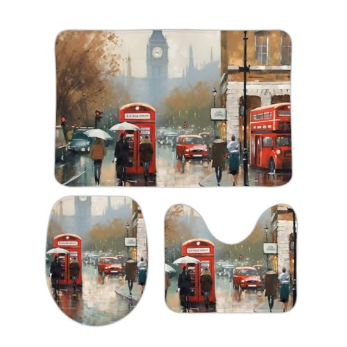 DDTKLSNV 3-teiliges Badteppich-Set, rutschfest, saugfähig, Badematte, Konturmatte mit WC-Deckelbezug, London-Eindruck, weiche Fußmatten für Badezimmer, Küche, Tür, Heimdekoration von DDTKLSNV