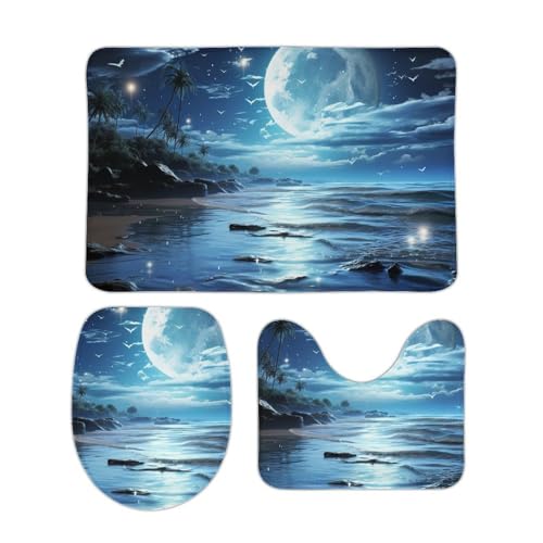 DDTKLSNV 3-teiliges Badteppich-Set, rutschfest, saugfähig, Badematte, Konturmatte mit WC-Deckelbezug, Mond über weiche Fußmatten für Badezimmer, Küche, Tür, Heimdekoration von DDTKLSNV