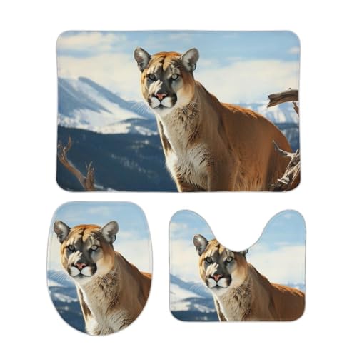 DDTKLSNV 3-teiliges Badteppich-Set, rutschfest, saugfähig, Badematte, Konturmatte mit WC-Deckelbezug, Panther, Berglöwe, weiche Fußmatten für Badezimmer, Küche, Tür, Heimdekoration von DDTKLSNV