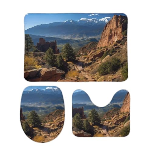 DDTKLSNV 3-teiliges Badteppich-Set, rutschfest, saugfähig, Badematte, Konturmatte mit WC-Deckelbezug, Pikes, Peak Colorado, weiche Fußmatten für Badezimmer, Küche, Tür, Heimdekoration von DDTKLSNV