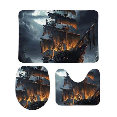 DDTKLSNV 3-teiliges Badteppich-Set, rutschfest, saugfähig, Badematte, Konturmatte mit WC-Deckelbezug, Piraten-Segelboot, Vollmond, weiche Fußmatten für Badezimmer, Küche, Tür, Heimdekoration DDTKLSNV 3-teiliges Badteppich-Set, rutschfest, saugfähig, Badematte, Konturmatte mit WC-Deckelbezug, Piraten-Segelboot, Vollmond, weiche Fußmatten für Badezimmer, Küche, Tür, Heimdekoration von DDTKLSNV