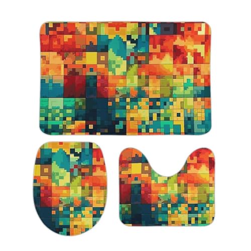 DDTKLSNV 3-teiliges Badteppich-Set, rutschfest, saugfähig, Badematte, Konturmatte mit WC-Deckelbezug, Pixel-Kunst-Muster, weiche Fußmatten für Badezimmer, Küche, Tür, Heimdekoration von DDTKLSNV