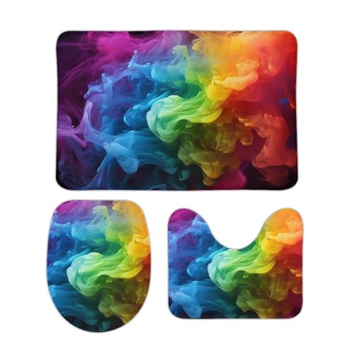 DDTKLSNV 3-teiliges Badteppich-Set, rutschfest, saugfähig, Badematte, Konturmatte mit WC-Deckelbezug, Regenbogenrauch, weiche Bodenmatten für Badezimmer, Küche, Tür, Heimdekoration von DDTKLSNV