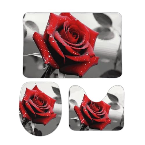 DDTKLSNV 3-teiliges Badteppich-Set, rutschfest, saugfähig, Badematte, Konturmatte mit WC-Deckelbezug, Schwarz und Weiß, rote Rose, weiche Bodenmatten für Badezimmer, Küche, Tür, Heimdekoration DDTKLSNV 3-teiliges Badteppich-Set, rutschfest, saugfähig, Badematte, Konturmatte mit WC-Deckelbezug, Schwarz und Weiß, rote Rose, weiche Bodenmatten für Badezimmer, Küche, Tür, Heimdekoration von DDTKLSNV