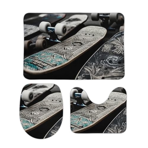 DDTKLSNV 3-teiliges Badteppich-Set, rutschfest, saugfähig, Badematte, Konturmatte mit WC-Deckelbezug, Skate-Boards für Badezimmer, Küche, Tür, Heimdekoration von DDTKLSNV