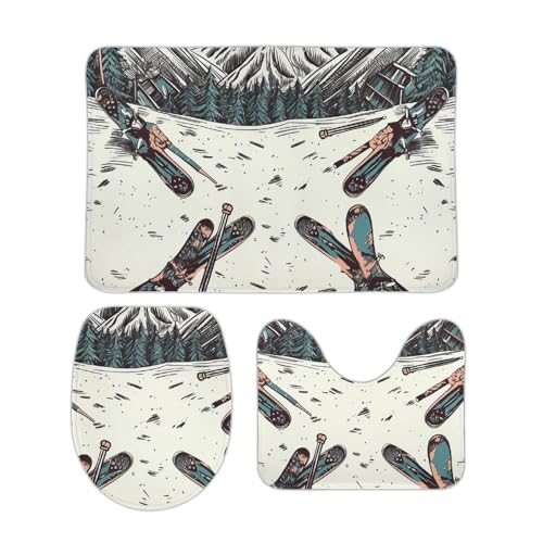 DDTKLSNV 3-teiliges Badteppich-Set, rutschfest, saugfähig, Badematte, Konturmatte mit WC-Deckelbezug, Skifahren mit Ausrüstung, weiche Fußmatten für Badezimmer, Küche, Tür, Heimdekoration von DDTKLSNV