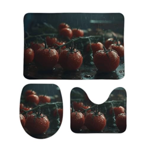 DDTKLSNV 3-teiliges Badteppich-Set, rutschfest, saugfähig, Badematte, Konturmatte mit WC-Deckelbezug, Wasser, Tomaten, weiche Fußmatten für Badezimmer, Küche, Tür, Heimdekoration von DDTKLSNV