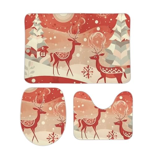 DDTKLSNV 3-teiliges Badteppich-Set, rutschfest, saugfähig, Badematte, Konturmatte mit WC-Deckelbezug, Weihnachts-Rentier, weiche Bodenmatten für Badezimmer, Küche, Tür, Heimdekoration von DDTKLSNV