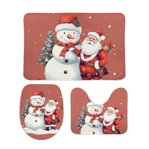 DDTKLSNV 3-teiliges Badteppich-Set, rutschfest, saugfähig, Badematte, Konturmatte mit WC-Deckelbezug, Weihnachtsmann, Schneemann, weiche Fußmatten für Badezimmer, Küche, Tür, Heimdekoration von DDTKLSNV