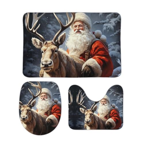 DDTKLSNV 3-teiliges Badteppich-Set, rutschfest, saugfähig, Badematte, Konturmatte mit WC-Deckelbezug, Weihnachtsmann und Hirsch, Elch, weiche Bodenmatten für Badezimmer, Küche, Tür, Heimdekoration von DDTKLSNV