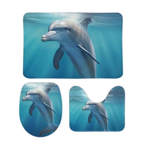 DDTKLSNV 3-teiliges Badteppich-Set, rutschfest, saugfähig, Badematte, Konturmatte mit WC-Deckelbezug, Winter, Delfin, weiche Fußmatten für Badezimmer, Küche, Tür, Heimdekoration von DDTKLSNV