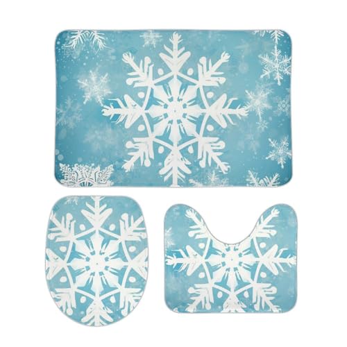 DDTKLSNV 3-teiliges Badteppich-Set, rutschfest, saugfähig, Badematte, Konturmatte mit WC-Deckelbezug, Winter-Schneeflocke, weiche Fußmatten für Badezimmer, Küche, Tür, Heimdekoration von DDTKLSNV