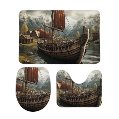 DDTKLSNV 3-teiliges Badteppich-Set, rutschfest, saugfähig, Badematte, Konturmatte mit WC-Deckelbezug, altes Boot, weiche Fußmatten für Badezimmer, Küche, Tür, Heimdekoration von DDTKLSNV