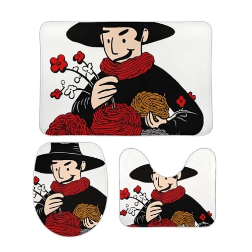 DDTKLSNV 3-teiliges Badteppich-Set, rutschfest, saugfähig, Badematte, Konturmatte mit WC-Deckelbezug, ein Knäuel aus roter Wolle, weiche Fußmatten für Badezimmer, Küche, Tür, Heimdekoration von DDTKLSNV