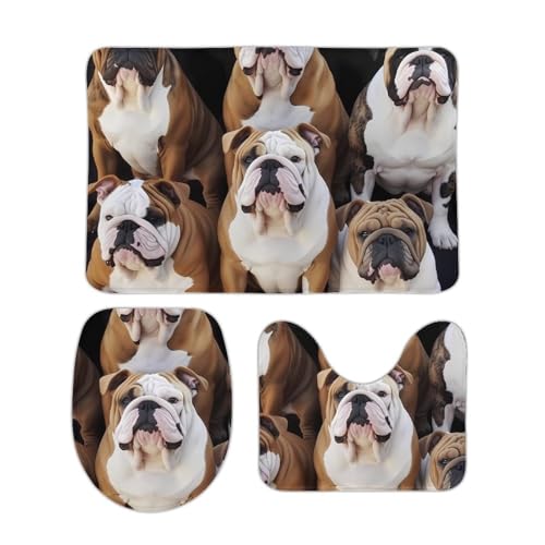DDTKLSNV 3-teiliges Badteppich-Set, rutschfest, saugfähig, Badematte, Konturmatte mit WC-Deckelbezug, englische Bulldoggen, weiche Bodenmatten für Badezimmer, Küche, Tür, Heimdekoration von DDTKLSNV