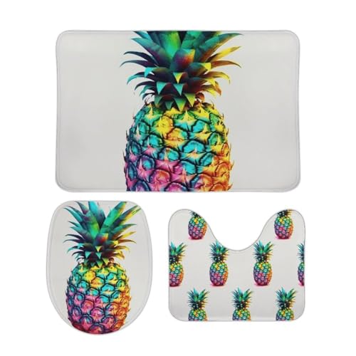 DDTKLSNV 3-teiliges Badteppich-Set, rutschfest, saugfähig, Badematte, Konturmatte mit WC-Deckelbezug, farbige Ananas, weiche Fußmatten für Badezimmer, Küche, Tür, Heimdekoration von DDTKLSNV