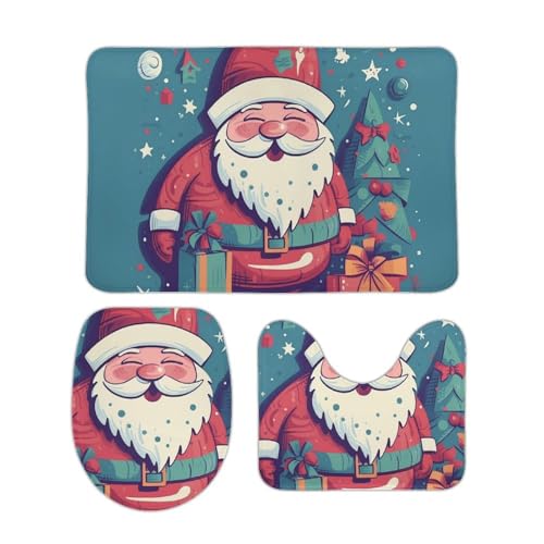 DDTKLSNV 3-teiliges Badteppich-Set, rutschfest, saugfähig, Badematte, Konturmatte mit WC-Deckelbezug, glücklicher lächelnder Weihnachtsmann, weiche Bodenmatten für Badezimmer, Küche, Tür von DDTKLSNV