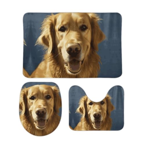 DDTKLSNV 3-teiliges Badteppich-Set, rutschfest, saugfähig, Badematte, Konturmatte mit WC-Deckelbezug, goldener Hund, weiche Bodenmatten für Badezimmer, Küche, Tür, Heimdekoration von DDTKLSNV