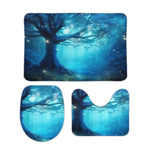 DDTKLSNV 3-teiliges Badteppich-Set, rutschfest, saugfähig, Badematte, Konturmatte mit WC-Deckelbezug, mystische Fantasie, Blau, Natur, weiche Bodenmatten für Badezimmer, Küche, Tür, Heimdekoration von DDTKLSNV