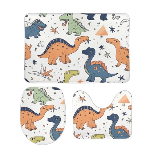 DDTKLSNV 3-teiliges Badteppich-Set, rutschfest, saugfähig, Badematte, Konturmatte mit WC-Deckelbezug, niedliches Muster von Dinosauriern, weiche Fußmatten für Badezimmer, Küche, Tür, Heimdekoration von DDTKLSNV