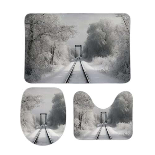 DDTKLSNV 3-teiliges Badteppich-Set, rutschfest, saugfähig, Badematte, Konturmatte mit WC-Deckelbezug, verschneite Zugschienen, weiche Bodenmatten für Badezimmer, Küche, Tür, Heimdekoration von DDTKLSNV