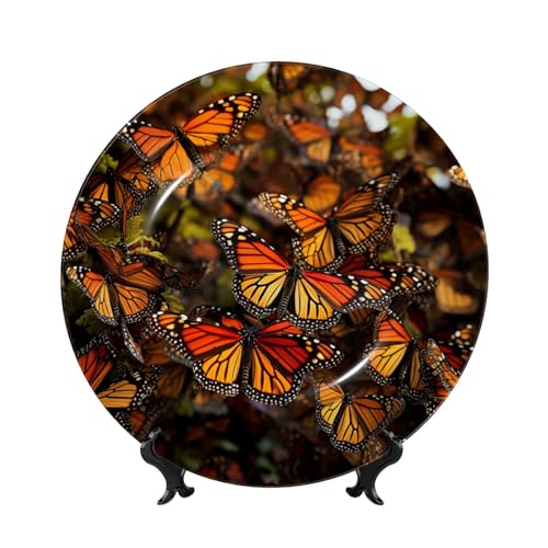 DDTKLSNV Dekorative Teller aus Knochenporzellan, Motiv: Monarch-Schmetterlinge, 20,3 cm, dekorativer Keramikteller mit Präsentationsständer, Speiseteller, Kunsthandwerk, Keramik-Ornamente von DDTKLSNV