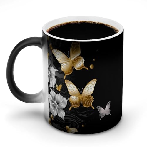 DDTKLSNV Keramik-Kaffeetasse, goldfarben, weiße Schmetterlinge, schwarz, 325 ml, hitzeempfindlich, magische Kaffeetasse, Farbwechsel, Kaffeetasse, Teetasse für Damen und Herren von DDTKLSNV