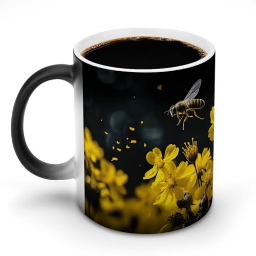 DDTKLSNV Keramik-Kaffeetasse mit Bienen fliegen über Blumen, hitzeempfindlich, magische Kaffeetasse, Farbwechsel, Kaffeetasse, Teetasse für Damen und Herren, 325 ml von DDTKLSNV