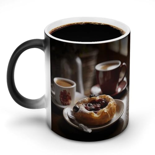 DDTKLSNV Keramik-Kaffeetasse mit Brot auf weißem Teller, 325 ml, hitzeempfindlich, magische Kaffeetasse, Farbwechsel, Kaffeetasse, Teetasse für Damen und Herren von DDTKLSNV