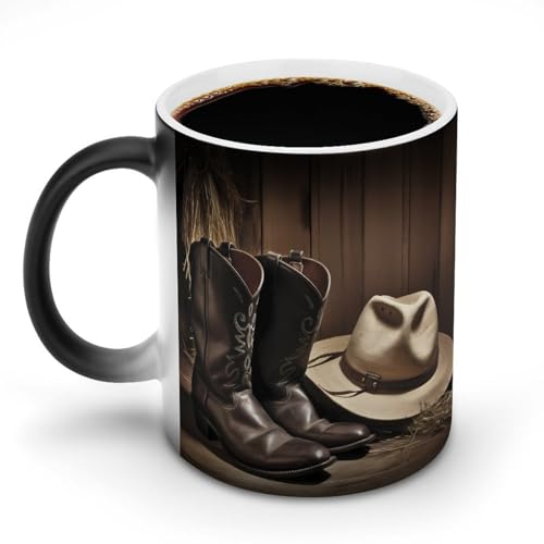 DDTKLSNV Keramik-Kaffeetasse mit Cowboyhut, Westernstiefel, 325 ml, hitzeempfindlich, magische Kaffeetasse, Farbwechsel, Kaffeetasse für Damen und Herren von DDTKLSNV