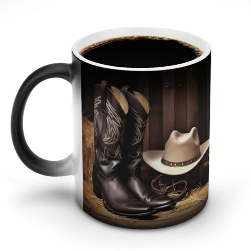 DDTKLSNV Keramik-Kaffeetasse mit Cowboyhut, Westernstiefel, 325 ml, hitzeempfindlich, magische Kaffeetasse, Farbwechsel, Kaffeetasse für Damen und Herren von DDTKLSNV