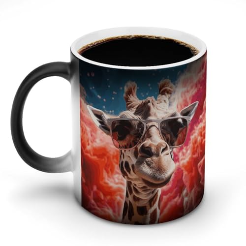 DDTKLSNV Keramik-Kaffeetasse mit Giraffe mit Sonnenbrille, 325 ml, hitzeempfindlich, magische Kaffeetasse, Farbwechsel, Kaffeetasse für Damen und Herren von DDTKLSNV