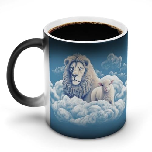 DDTKLSNV Keramik-Kaffeetasse mit Lamm mit Löwe auf den Wolken, hitzeempfindlich, magische Kaffeetasse, Farbwechsel, Kaffeetasse, Teetasse für Damen und Herren, 325 ml von DDTKLSNV