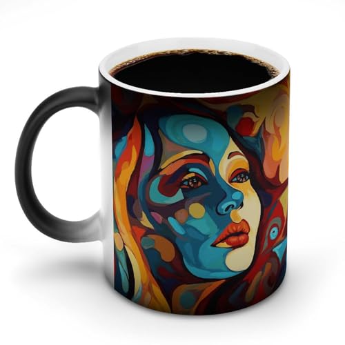 DDTKLSNV Keramik-Kaffeetasse mit abstraktem farbigem Frauengesicht, 325 ml, hitzeempfindlich, magische Kaffeetasse, Farbwechsel, Kaffeetasse für Damen und Herren von DDTKLSNV
