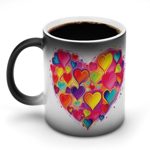 DDTKLSNV Keramik-Kaffeetasse mit buntem Herz, 325 ml, hitzeempfindlich, magische Kaffeetasse, Farbwechsel, Kaffeetasse, Teetasse für Damen und Herren von DDTKLSNV