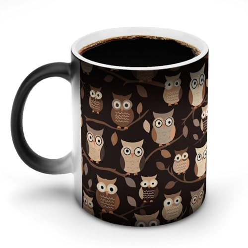 DDTKLSNV Keramik-Kaffeetasse mit niedlichen braunen Cartoon-Eulen, 325 ml, hitzeempfindlich, magische Kaffeetasse, Farbwechsel, Kaffeetasse für Damen und Herren von DDTKLSNV