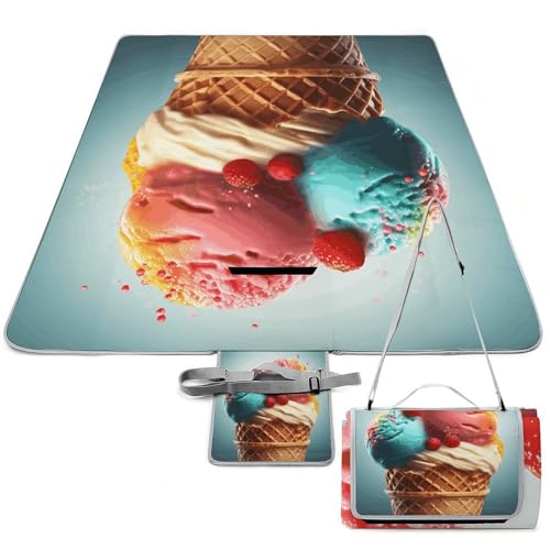 DDTKLSNV Picknickdecke, wasserdicht, faltbar, leicht, tragbar, Cartoon-Eiscreme, Stranddecke für Park, Reisen, Camping, Picknickdecke, Zubehör für Erwachsene (152,4 x 152,4 cm) von DDTKLSNV