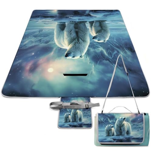 DDTKLSNV Picknickdecke, wasserdicht, faltbar, leicht, tragbar, Eisbären, Nordlichter, Stranddecke für Park, Reisen, Camping, Picknickdecke, Zubehör für Erwachsene (152,4 x 152,4 cm) von DDTKLSNV