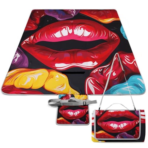DDTKLSNV Picknickdecke, wasserdicht, faltbar, leicht, tragbar, bunte Lippen, Stranddecke für Park, Reisen, Camping, Picknickdecke, Zubehör für Erwachsene (152,4 x 152,4 cm) von DDTKLSNV