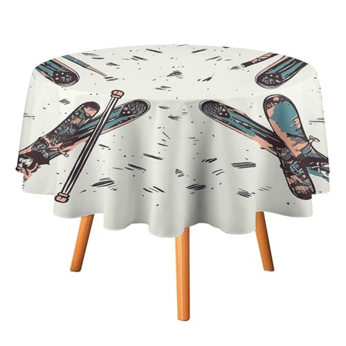 DDTKLSNV Runde Tischdecke Skifahren mit Ausrüstung, 178 x 177,8 cm, wasserdicht, knitterfrei, schmutzabweisend, waschbar, Tischdecke für Picknick, Party, Esszimmer, Heimdekoration von DDTKLSNV